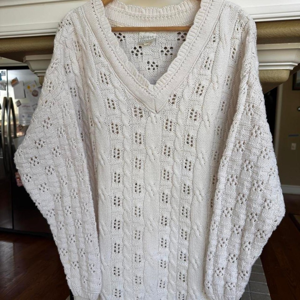 Vintage Moda International Open-Knit White Cottage Fisherman Sweater‎